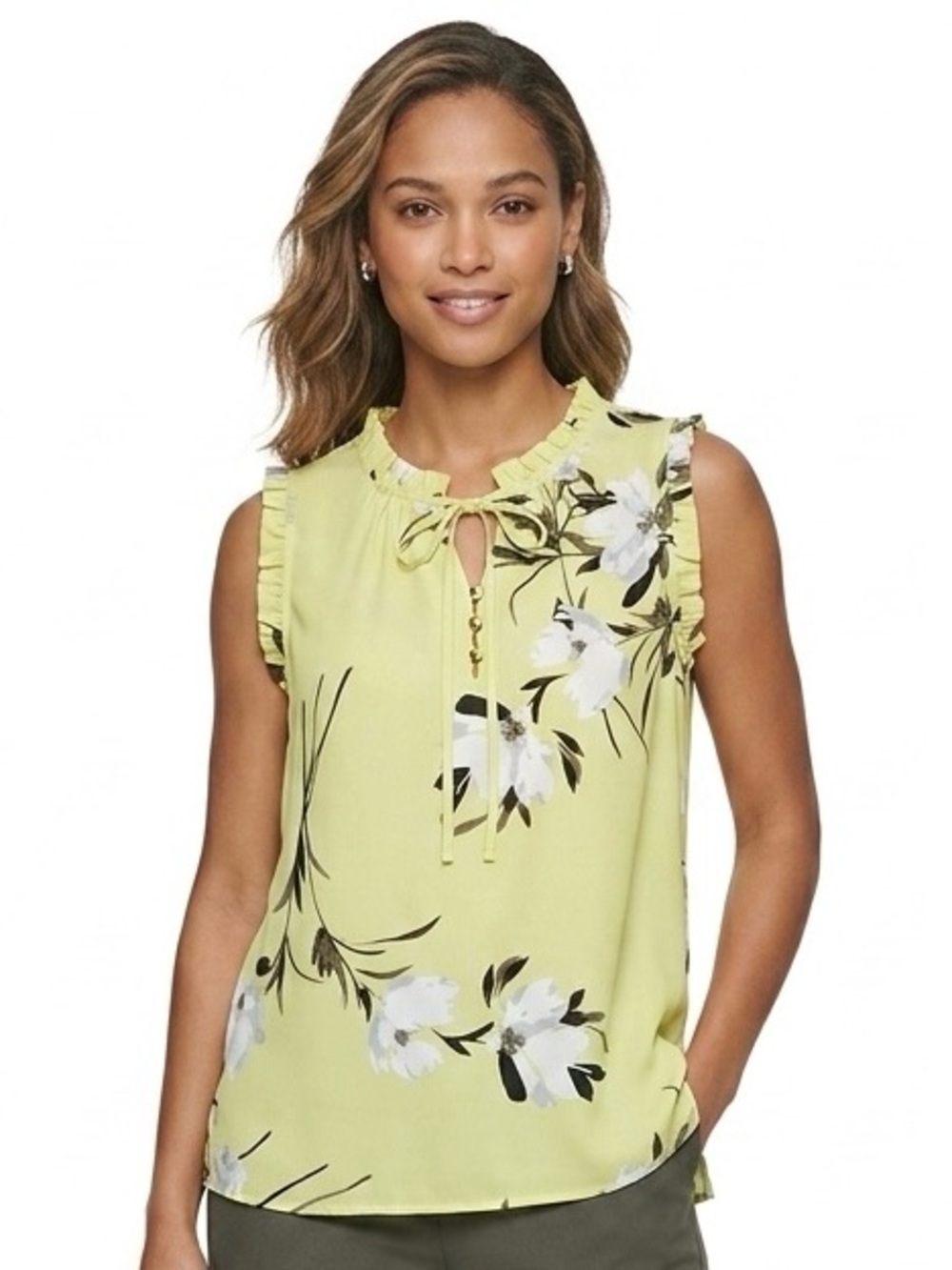 Liz Claiborne Sleeveless Pear Yellow and Floral Blouse Size XS Spring Summer Top